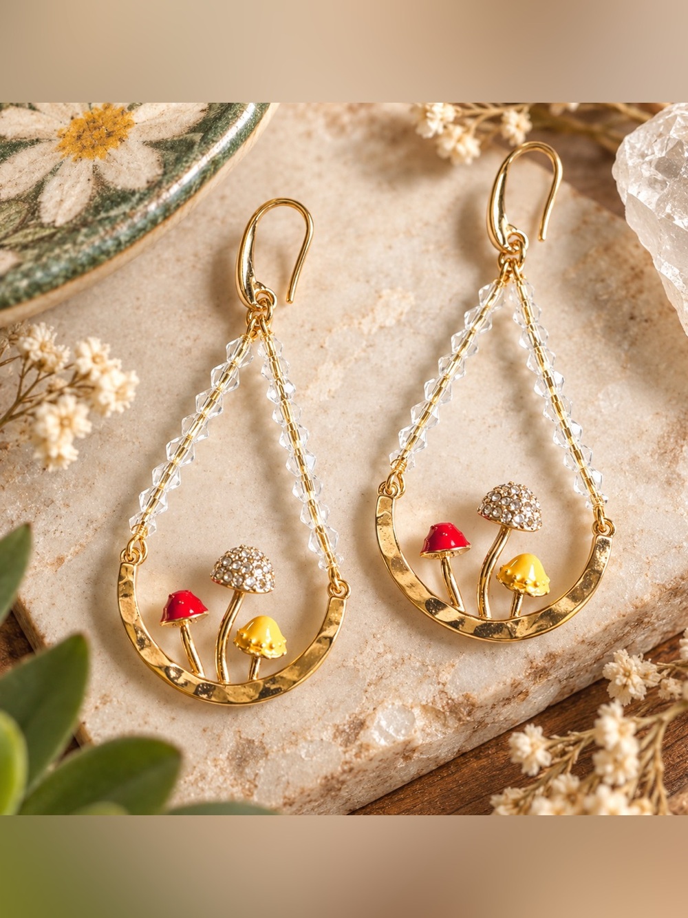 2/$30🌵 Mushroom Earrings Cottagecore Woodland Trendy Jewelry Gold Fairy Bead